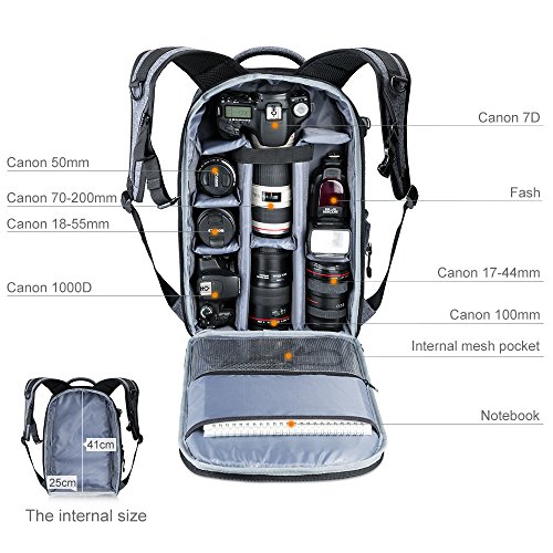 K&F Concept Mochila Fotográfica Impermeable para Cámaras Réflex Digital SLR Lente Trípode Flash Laptop Portátil 13.3” iPad 12” y Drone