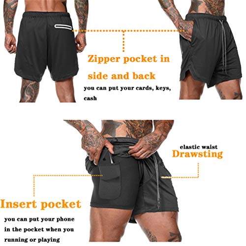 Kfnire Deporte Pantalones Cortos para Hombre, 2 en 1 Pantalones Cortos de Gimnasio con Forro de Bolsillo Incorporado Fitness Secado Rápido Transpirables Hombre Shorts Deportivos para Correr