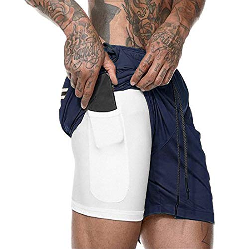 Kfnire Deporte Pantalones Cortos para Hombre, 2 en 1 Pantalones Cortos de Gimnasio con Forro de Bolsillo Incorporado Fitness Secado Rápido Transpirables Hombre Shorts Deportivos para Correr