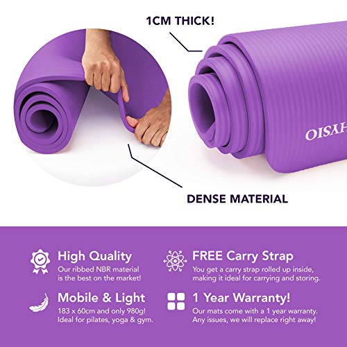 KG Physio Esterilla Yoga (1cm), Colchoneta de Fitness para Gimnasio, Pilates o en Casa con Tirante (Dentro de la colchoneta) 183cm x 61cm x 1cm (Grueso)