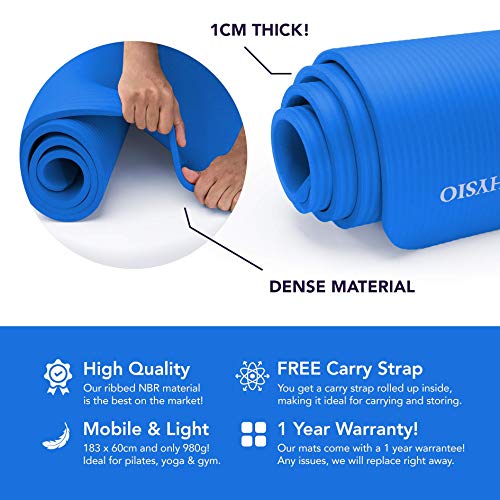 KG Physio Esterilla Yoga (1cm), Colchoneta de Fitness para Gimnasio, Pilates o en Casa con Tirante (Dentro de la colchoneta) 183cm x 61cm x 1cm (Grueso)