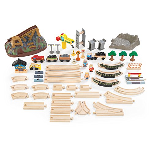 KidKraft- Bucket Top Juego de tren con vía de madera para niños, vía clásica con grúa y accesorios incluidos (61 piezas) (17805)