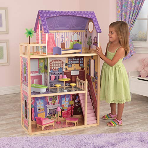 KidKraft- Kayla Casa de muñecas de madera con muebles y accesorios incluidos, 3 pisos, para muñecas de 30 cm , Color Natural/Rosa/Violeta (65092 )