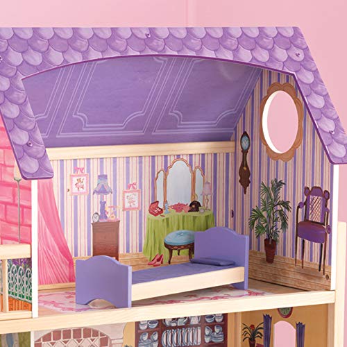 KidKraft- Kayla Casa de muñecas de madera con muebles y accesorios incluidos, 3 pisos, para muñecas de 30 cm , Color Natural/Rosa/Violeta (65092 )