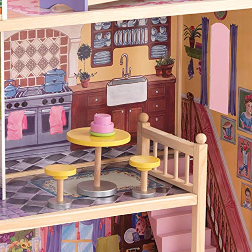 KidKraft- Kayla Casa de muñecas de madera con muebles y accesorios incluidos, 3 pisos, para muñecas de 30 cm , Color Natural/Rosa/Violeta (65092 )
