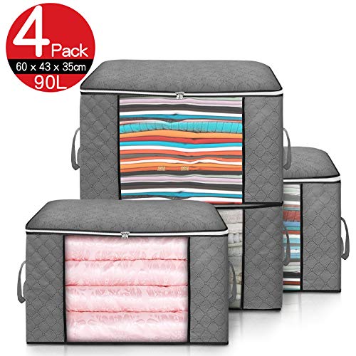 king do way 4PCS Bolsa de Almacenamiento de Ropa de Gran Capacidad, Gruesa Plegable Organizador de Edredones Manta Ropa de Polvo con la Cremallera Robusta y Asa Reforzada 60 x 43 x 35 cm (Gris)