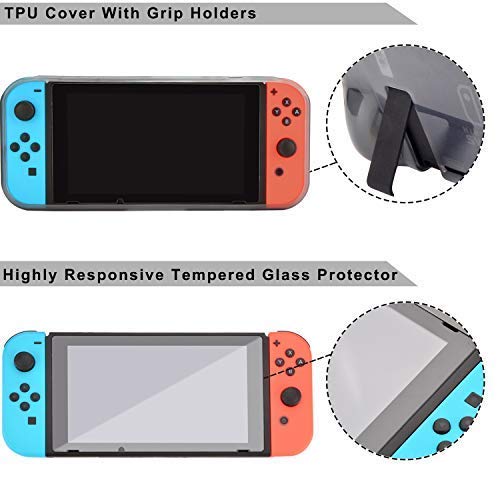 Kit Accesorios para Nintendo Switch - Funda Protector de Pantalla para Switch Consola - Estuche De Juegos - Funda de Silicona Grips Wheel Caps para Nintendo Switch Joy-Con Mandos (17 in 1)