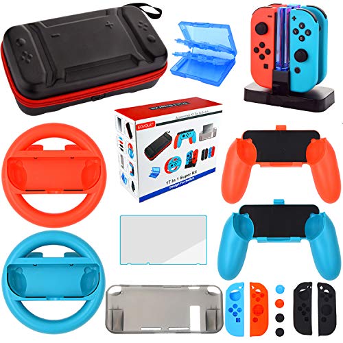 Kit Accesorios para Nintendo Switch - Funda Protector de Pantalla para Switch Consola - Estuche De Juegos - Funda de Silicona Grips Wheel Caps para Nintendo Switch Joy-Con Mandos (17 in 1)