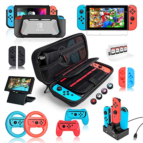 Kit de Accesorios 18 en 1para Nintendo Switch, con Protector de Pantalla, Soporte para Juegos, Tapa del Interruptor, Tapa del Joystick, protección del Cargador para Joy-con Joystick