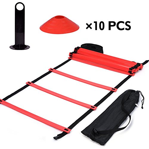 Kit de Escalera de Agilidad Velocidad de Entrenamiento de Velocidad 9Ft Escalera Plana + 10 Unidades de Conos de Disco para Coordinación Entrenamiento Atlético (rojo)