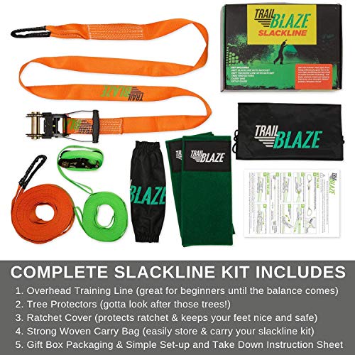 Kit Slackline Completo Con Línea de Entrenamiento - Kit de Principiante con Protectores de árboles + Protector de Carraca - Set de 15 Metros de Bandas para Entrenamiento de Fácil Instalación