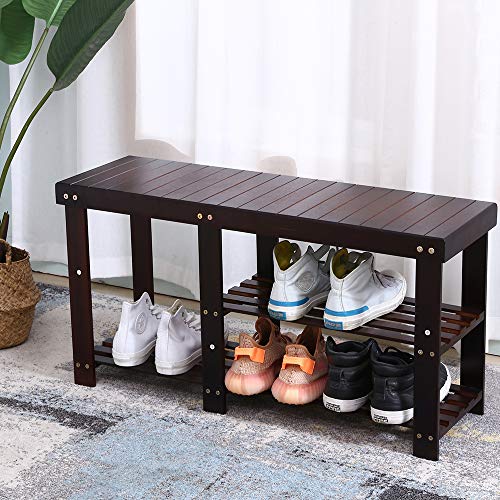 KKTONER Estante de Zapatos de Bambú con Asiento y estantes Banco para Zapatos Organizador para Pasillo salón habitación Color Negro