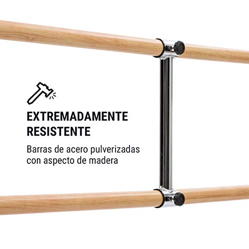 Klarfit Barre - Barra de Ballet Doble, 2 x 38 mm de diámetro, Recubrimiento de Goma Antideslizante, Altura Flexible, Material Acero con Aspecto de Madera, Soporte Curvado, 220 x 113 cm, Negro