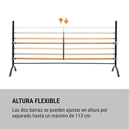 Klarfit Barre - Barra de Ballet Doble, 2 x 38 mm de diámetro, Recubrimiento de Goma Antideslizante, Altura Flexible, Material Acero con Aspecto de Madera, Soporte Curvado, 220 x 113 cm, Negro