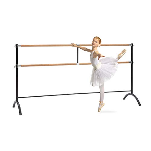 Klarfit Barre - Barra de Ballet Doble, 2 x 38 mm de diámetro, Recubrimiento de Goma Antideslizante, Altura Flexible, Material Acero con Aspecto de Madera, Soporte Curvado, 220 x 113 cm, Negro
