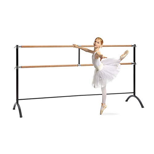 Klarfit Barre - Barra de Ballet Doble, 2 x 38 mm de diámetro, Recubrimiento de Goma Antideslizante, Altura Flexible, Material Acero con Aspecto de Madera, Soporte Curvado, 220 x 113 cm, Negro