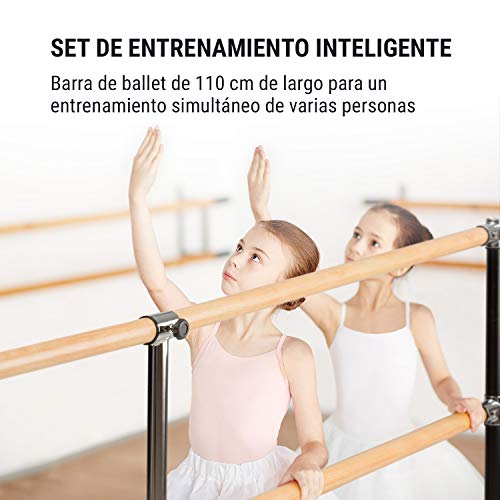 Klarfit Barre - Barra de Ballet Doble, 2 x 38 mm de diámetro, Recubrimiento de Goma Antideslizante, Altura Flexible, Material Acero con Aspecto de Madera, Soporte Curvado, 220 x 113 cm, Negro