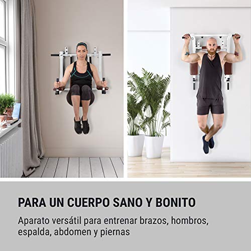 Klarfit Bouncer Barras para Entrenar - Barra, Paralelas, Multi Ejercicio, Dominadas de bíceps, Dorsal, y Fondos en paralelas, 200 kg, 8 agarres Distintos, Acero, Fijado a la Pared, Blanco