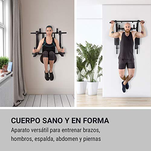 Klarfit Hangman MultiGym Máquina de dominadas y dips Entrenamiento múltiple: Brazos, Hombros, Espalda, Abdomen y piernas Revestimiento agarres de Goma Carga máx.: 200 kg Acero Q235 Negro