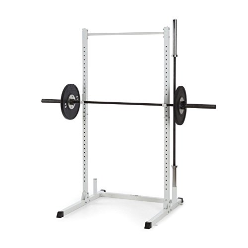 Klarfit HR 1100 - Estación de Pesas, Semijaula, Gimnasio, 2 Ganchos J Ajustables, 32 Posiciones de Altura, Barra de dominadas Fija, Capacidad de Carga Maxima de 150 kg, Blanco