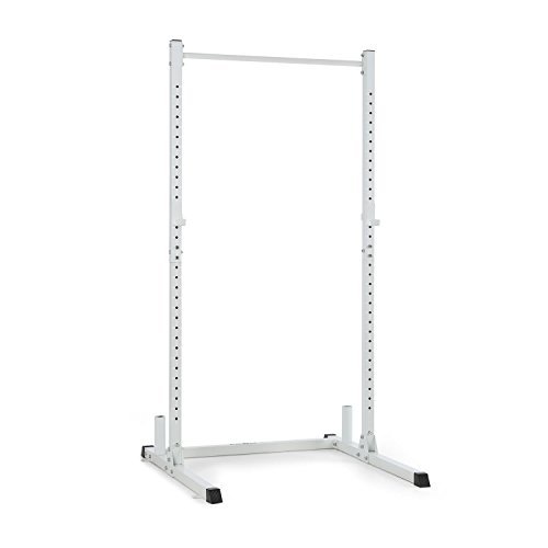 Klarfit HR 1100 - Estación de Pesas, Semijaula, Gimnasio, 2 Ganchos J Ajustables, 32 Posiciones de Altura, Barra de dominadas Fija, Capacidad de Carga Maxima de 150 kg, Blanco