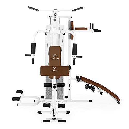 Klarfit Ultimate Gym 5000 White Edition - Máquina de Gimnasio, Estación multifunción, Más de 50 Ejercicios, Musculación con Pushup, SitUp, Ajuste de poleas y Pesos, Acolchada, Blanco