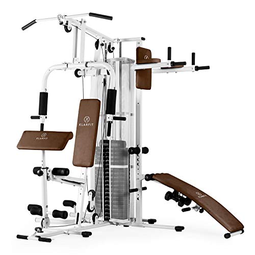 Klarfit Ultimate Gym 5000 White Edition - Máquina de Gimnasio, Estación multifunción, Más de 50 Ejercicios, Musculación con Pushup, SitUp, Ajuste de poleas y Pesos, Acolchada, Blanco