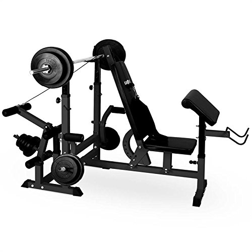 Klarfit Workout Hero 3000 Banco de musculación multifunción - Entrenamiento con Cargas guiadas, Banco de Pesas, Press de banca, Remo, Curler piernas, Peso máximo 100 kg, Estable, Acero, Negro