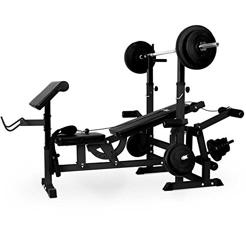 Klarfit Workout Hero 3000 Banco de musculación multifunción - Entrenamiento con Cargas guiadas, Banco de Pesas, Press de banca, Remo, Curler piernas, Peso máximo 100 kg, Estable, Acero, Negro