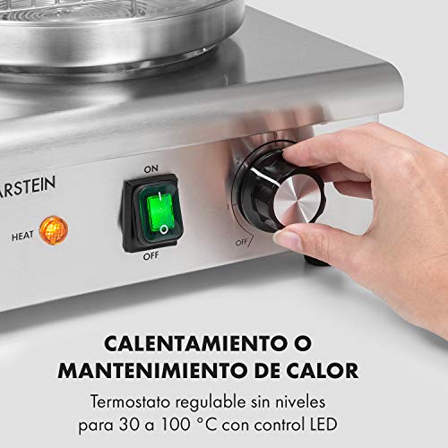 Klarstein Wurstfabrik Pro 550 máquina de perritos calientes - 550 W, 2 pinchos, regulador de temperatura entre 30 y 100 °C, cilindro de vidrio de Ø 20 cm, jaula de acero de Ø 17 cm, acero, plateado