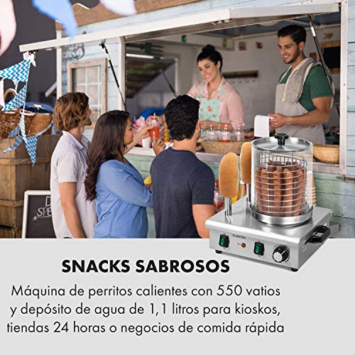 Klarstein Wurstfabrik Pro 550 máquina de perritos calientes - 550 W, 2 pinchos, regulador de temperatura entre 30 y 100 °C, cilindro de vidrio de Ø 20 cm, jaula de acero de Ø 17 cm, acero, plateado