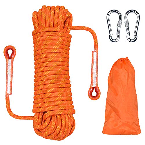 Knowing 20M * 10MM Cuerda Escalada al Aire Libre, Cuerda Escalada Cuerda Servicio Pesado, con 2 Mosquetón, para Usos al Aire Libre Supervivencia Emergencia, Camping Rescate Incendios (Naranja)