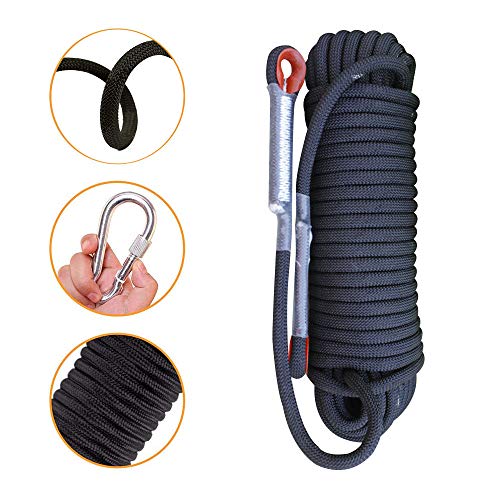 Knowing 20M*8MM Cuerda Escalada Profesional Cuerda de Seguridad con 2 Mosquetones para Usos Al Aire Libre Emergencia Supervivencia Camping Caza Pesca (Negro)