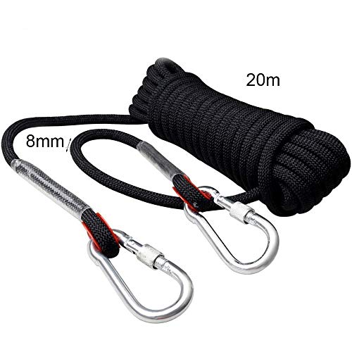 Knowing 20M*8MM Cuerda Escalada Profesional Cuerda de Seguridad con 2 Mosquetones para Usos Al Aire Libre Emergencia Supervivencia Camping Caza Pesca (Negro)