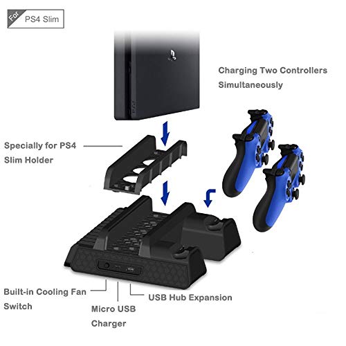 KONKY Soporte Vertical para PS4/PS4 Slim/Pro, Base PS4 con 3 Ventiladores Refrigeración, Cargador Controlador PS4 y 12pcs Almacenamiento de Discos, ( Cable USB Incluido )