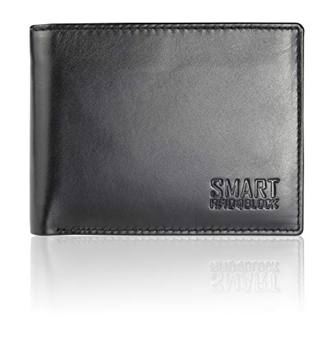 Koruma Cartera para Hombre - Monedero con Bloqueo de RFID Cuero para Tarjetas y Bolsillo Frontal con Botón para Monedas - Marrón, Negro (Negro - sin Cierre de botón)