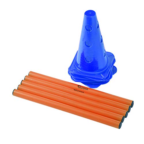 Kosma Juego de vallas de agilidad ajustable y multifuncional - 10Pc Marker Cone 9 pulgadas de color azul con 5Pc Color naranja Hurdle Poles 40 cm de largo - En bolsa de transporte