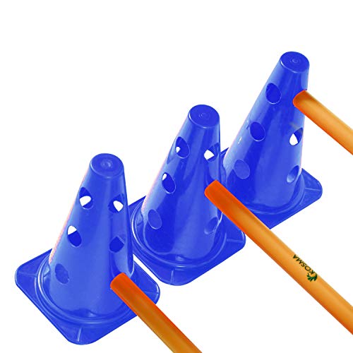 Kosma Juego de vallas de agilidad ajustable y multifuncional - 10Pc Marker Cone 9 pulgadas de color azul con 5Pc Color naranja Hurdle Poles 40 cm de largo - En bolsa de transporte