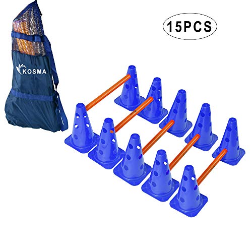 Kosma Juego de vallas de agilidad ajustable y multifuncional - 10Pc Marker Cone 9 pulgadas de color azul con 5Pc Color naranja Hurdle Poles 40 cm de largo - En bolsa de transporte