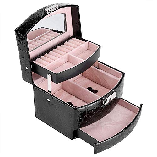 Küchenks Caja de joyería con Cerradura de 3 Capas, Caja de joyería portátil, Organizador de Almacenamiento, Caja, Anillo, Pendiente, Collar, cajón, Espejo, Cuero, Regalo (Negro, 15.5x13 x11.5CM)