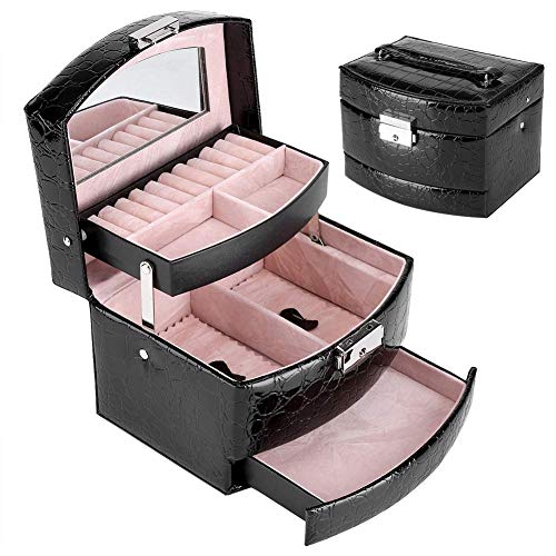 Küchenks Caja de joyería con Cerradura de 3 Capas, Caja de joyería portátil, Organizador de Almacenamiento, Caja, Anillo, Pendiente, Collar, cajón, Espejo, Cuero, Regalo (Negro, 15.5x13 x11.5CM)