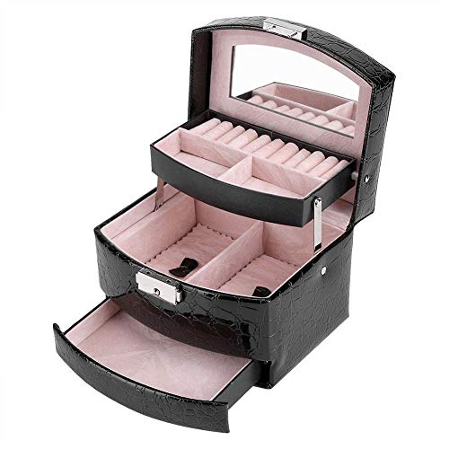 Küchenks Caja de joyería con Cerradura de 3 Capas, Caja de joyería portátil, Organizador de Almacenamiento, Caja, Anillo, Pendiente, Collar, cajón, Espejo, Cuero, Regalo (Negro, 15.5x13 x11.5CM)