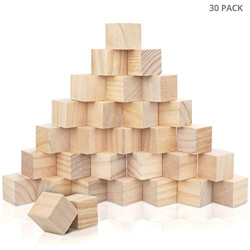 Kurtzy Bloques de Madera Cuadrados Pequeños (Pack de 30) - 3 x 3 x 3 cm Cubo Madera Pino Natural sin Acabado - Bloque Madera Educativo Manualidades para Bricolaje, Rompecabezas, Números