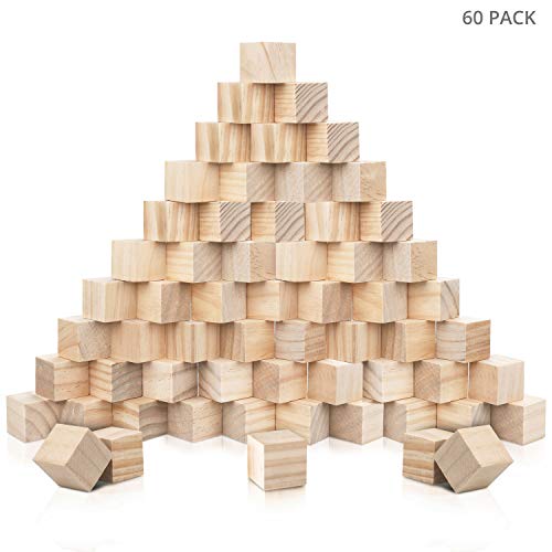 Kurtzy Bloques de Madera Cuadrados Pequeños (Pack de 60) - 3 x 3 x 3cm Cubo Madera Pino Natural sin Acabado - Bloque Madera Educativo Manualidades para Bricolaje, Rompecabezas, Números