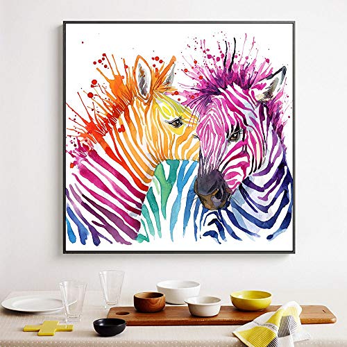 KWzEQ Colorido Acuarela Cebra Lienzo Pintura Arco Iris Caballo Abstracto Animal Print Cartel decoración del hogar,50X50cm,Pintura sin Marco