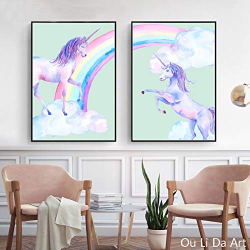 KWzEQ Dibujos Animados Lindo Caballo Arco Iris Lienzo impresión Pintura al óleo Lienzo hogar niños habitación decoración30X45cmx2Pintura sin Marco