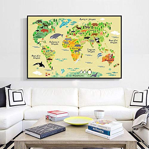 KWzEQ Imprimir en Lienzo Cartoon Animal World Map Wall Art Picture Living Room decoración del hogar50x75cmPintura sin Marco
