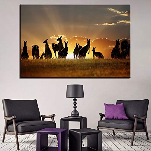 KWzEQ Imprimir en Lienzo Golden Sunset Canguro Animal para decoración de Paredes póster Sala de Estar pósters y decoración50x75cmPintura sin Marco