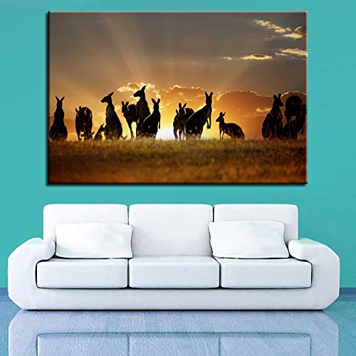 KWzEQ Imprimir en Lienzo Golden Sunset Canguro Animal para decoración de Paredes póster Sala de Estar pósters y decoración50x75cmPintura sin Marco