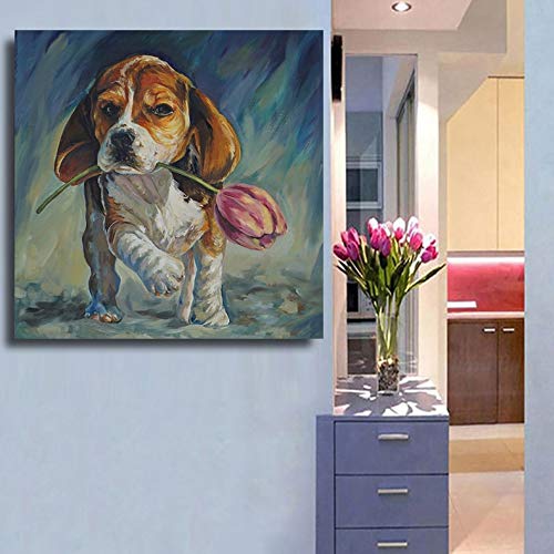 KWzEQ Imprimir en Lienzo Lindo Perro de Color con Tulipanes Carteles y fotografías decoración de la Pared decoración para Sala de arte50x50cmPintura sin Marco